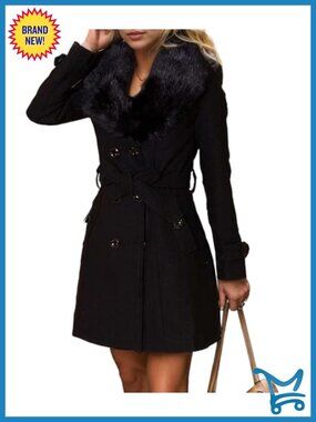 Faux Fur Furry Wool Blend Trench Coat Double Breasted Belted Long Winter Coat
